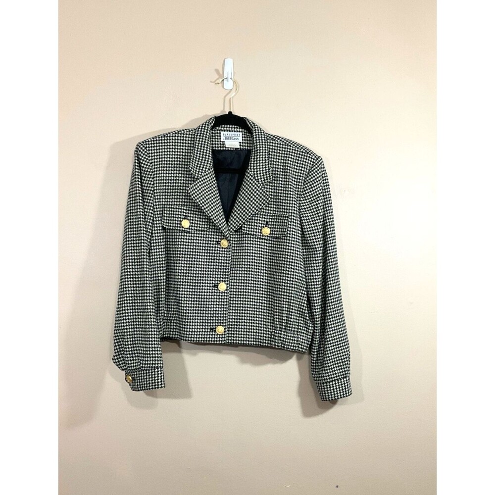 VTG Womens Wool Houndstooth Cropped Blazer Jacket 6 Black 90s Academia Preppy